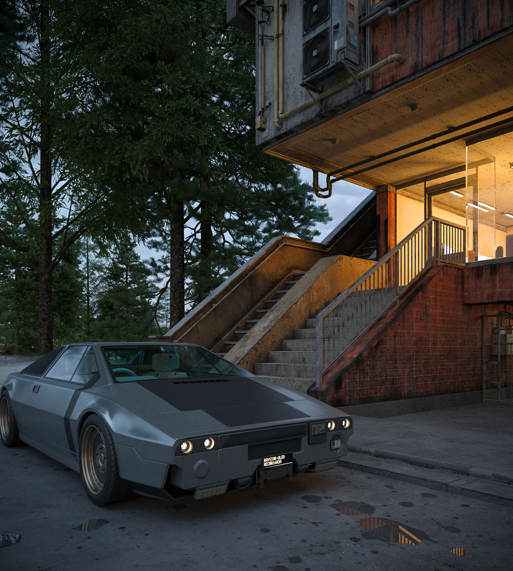 Futuristic Car with Forest Cabin Morning Scene 3D model_1