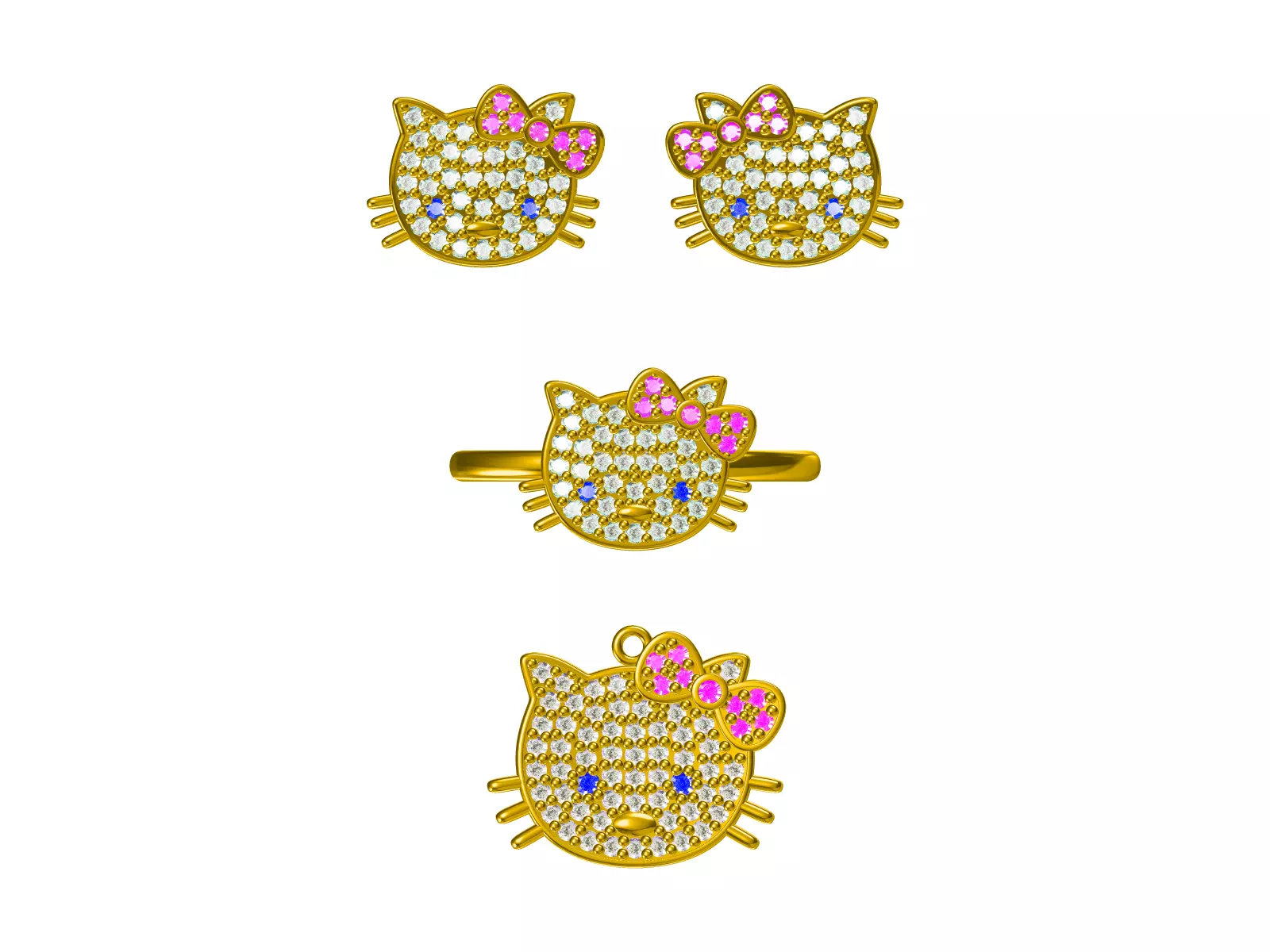 Hello Kitty Style Jewelry Set Earrings Ring Pendant 3D print model