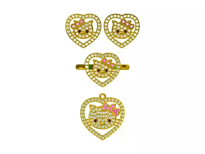 Hello Kitty Style Jewelry Set Earrings Ring Pendant 