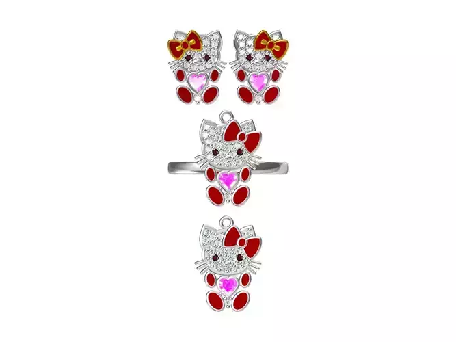 Hello Kitty Style Jewelry Set Earrings Ring Pendant 