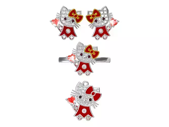 Hello Kitty Style Jewelry Set Earrings Ring Pendant