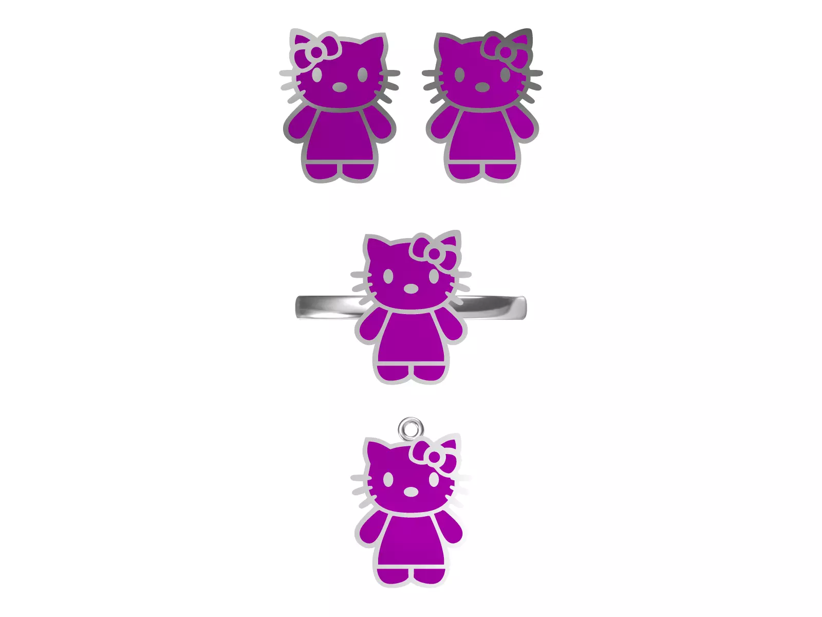 Hello Kitty Style Jewelry Set Earrings Ring Pendant 3D print model