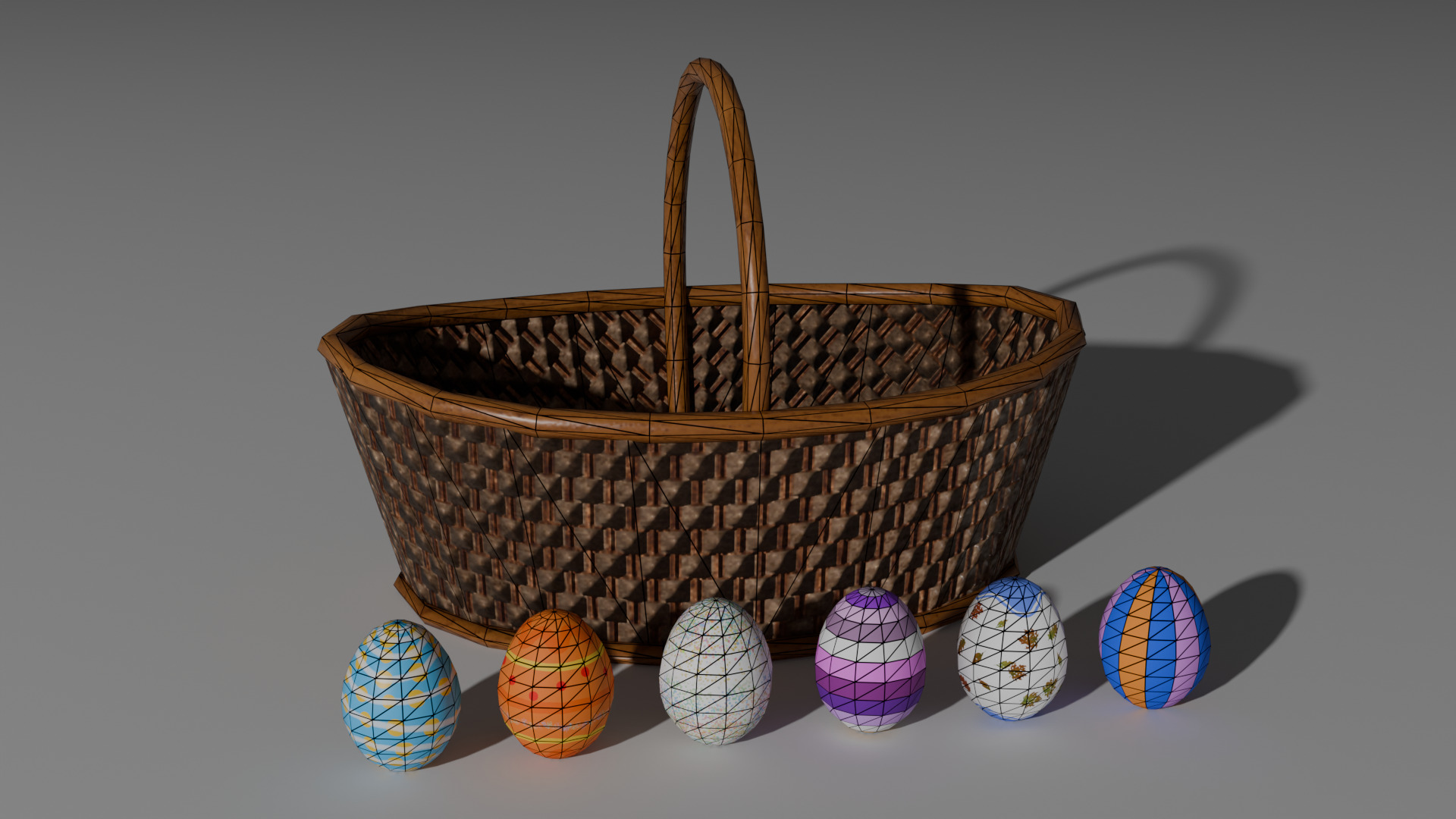 Wicker-Style Easter Basket with 6 Decorative Eggs Low-poly 3D model_5