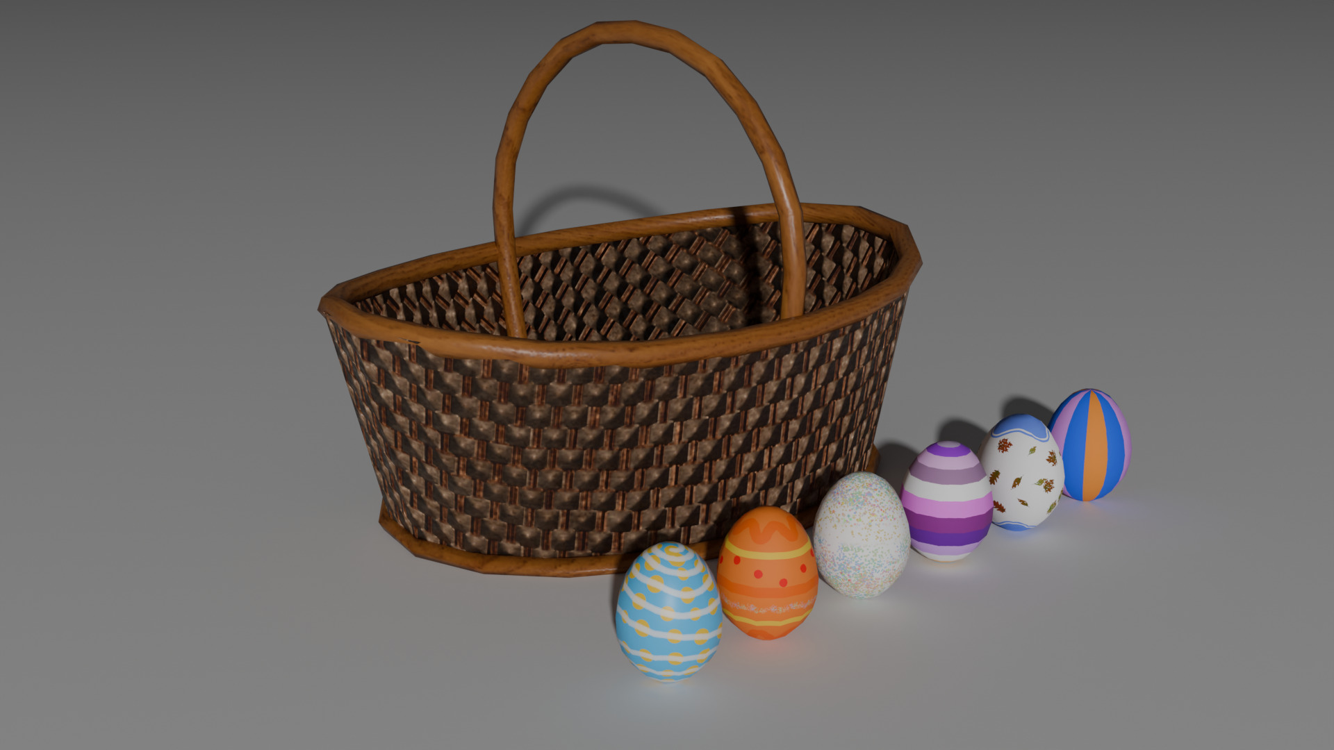 Wicker-Style Easter Basket with 6 Decorative Eggs Low-poly 3D model_2