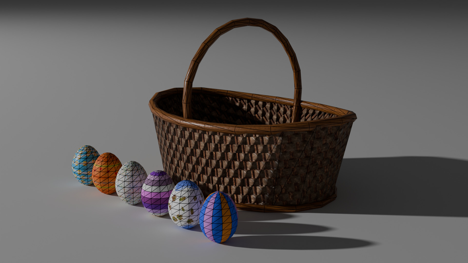 Wicker-Style Easter Basket with 6 Decorative Eggs Low-poly 3D model_6