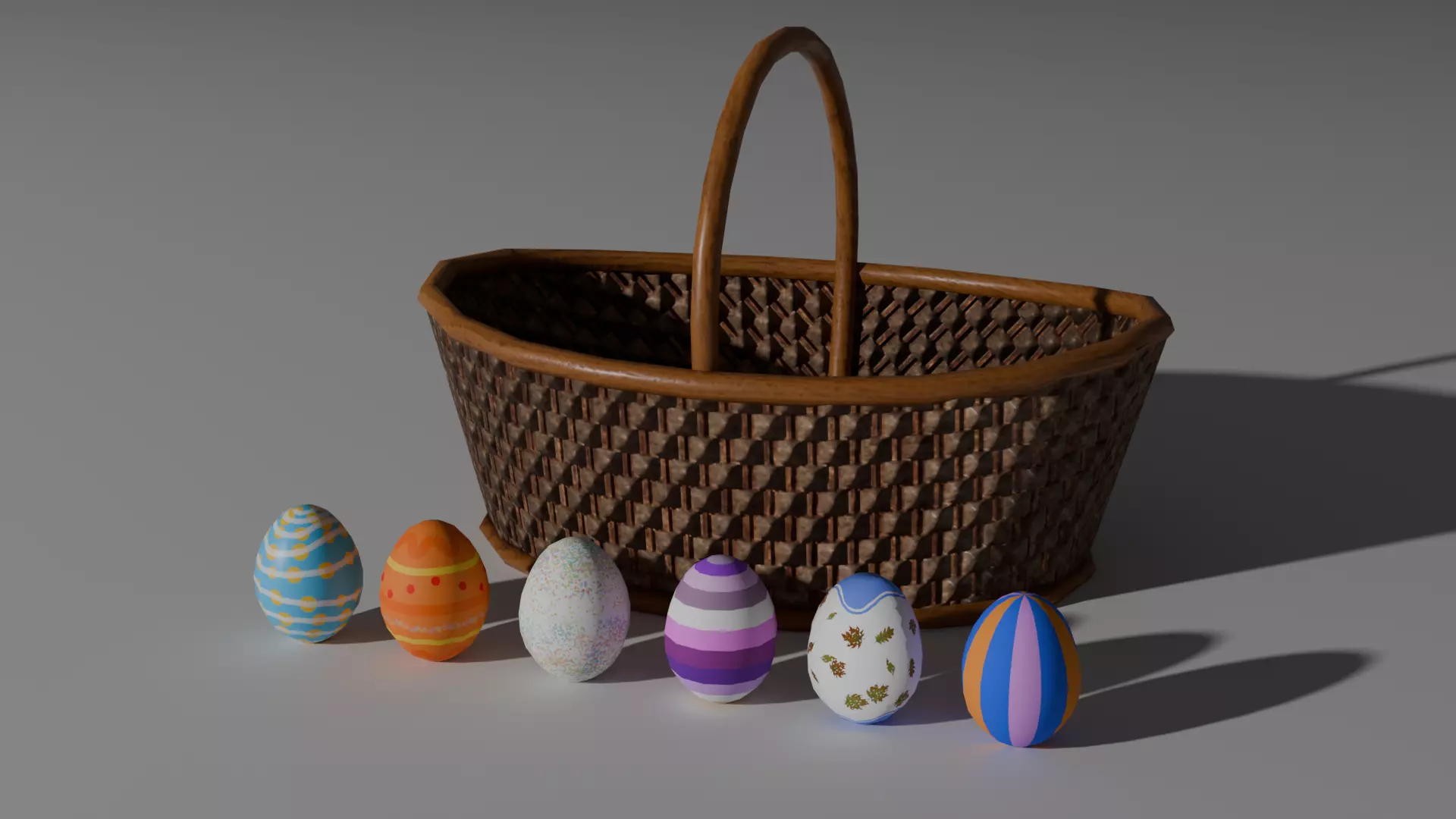 Wicker-Style Easter Basket with 6 Decorative Eggs Low-poly 3D model_0