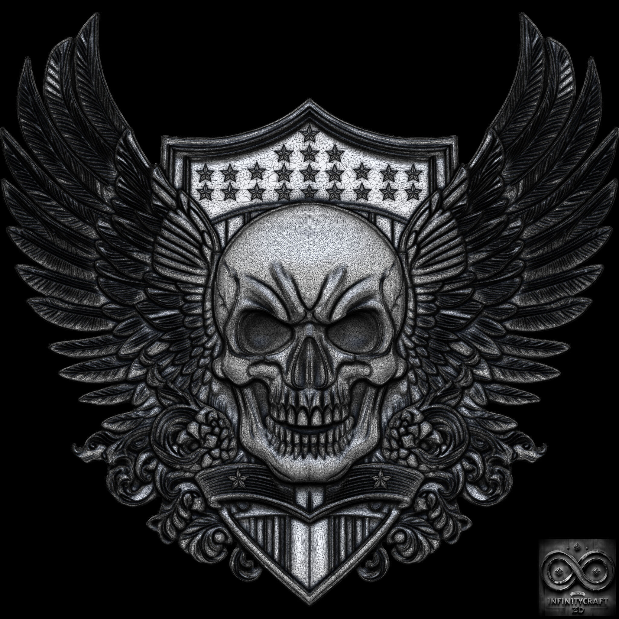 Winged Skull Emblem Epic Gothic Relief for CNC or 3D print model_11