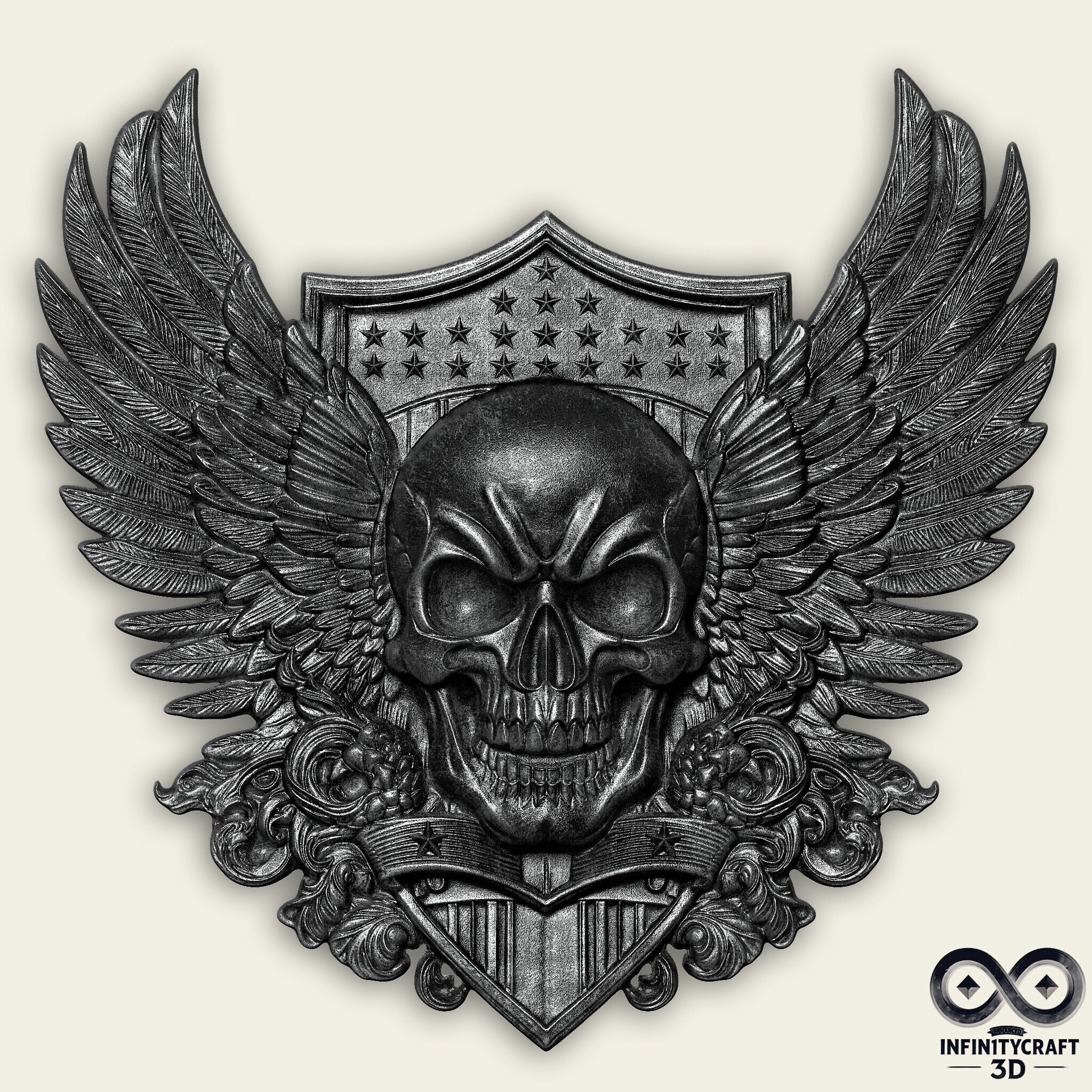 Winged Skull Emblem Epic Gothic Relief for CNC or 3D print model_6