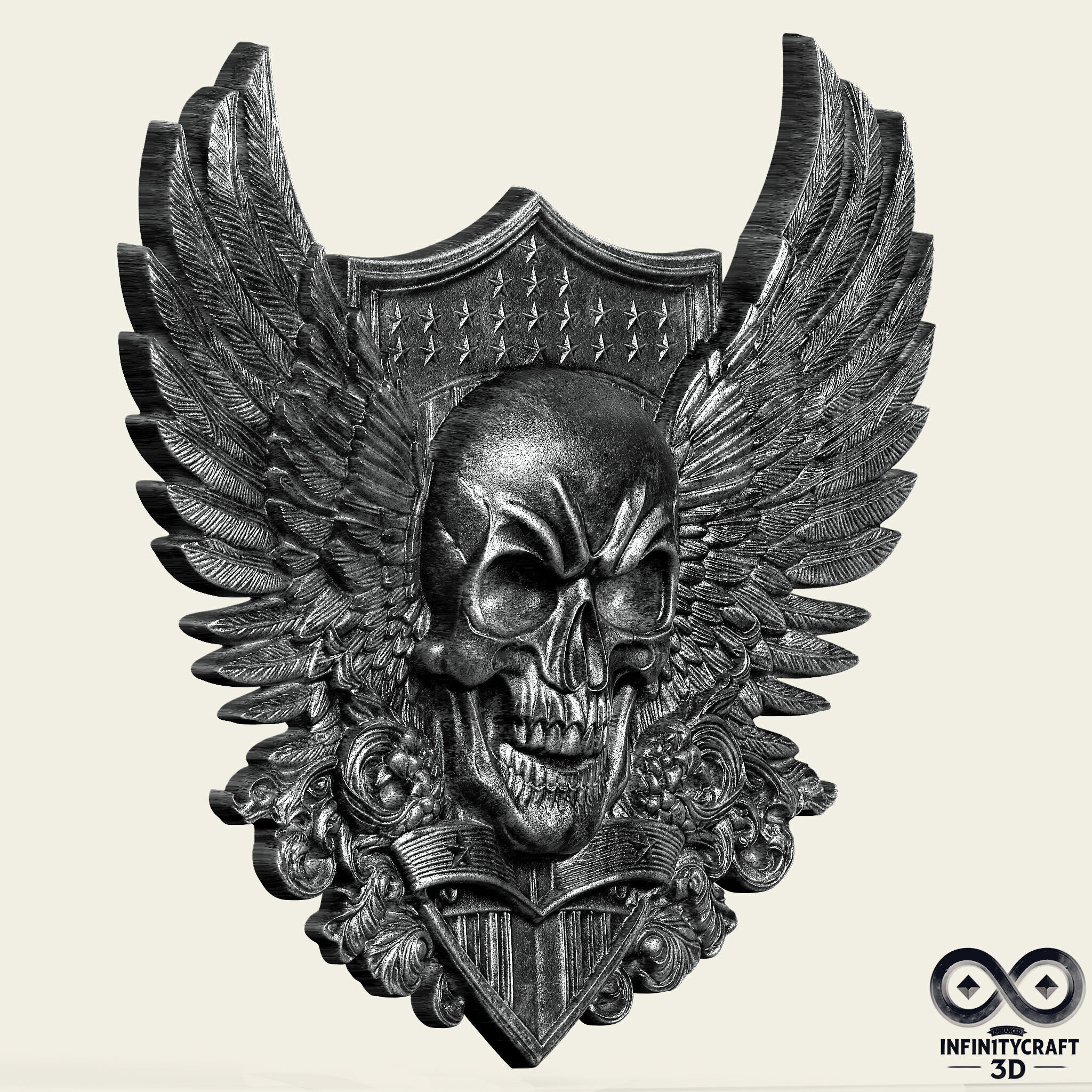 Winged Skull Emblem Epic Gothic Relief for CNC or 3D print model_7
