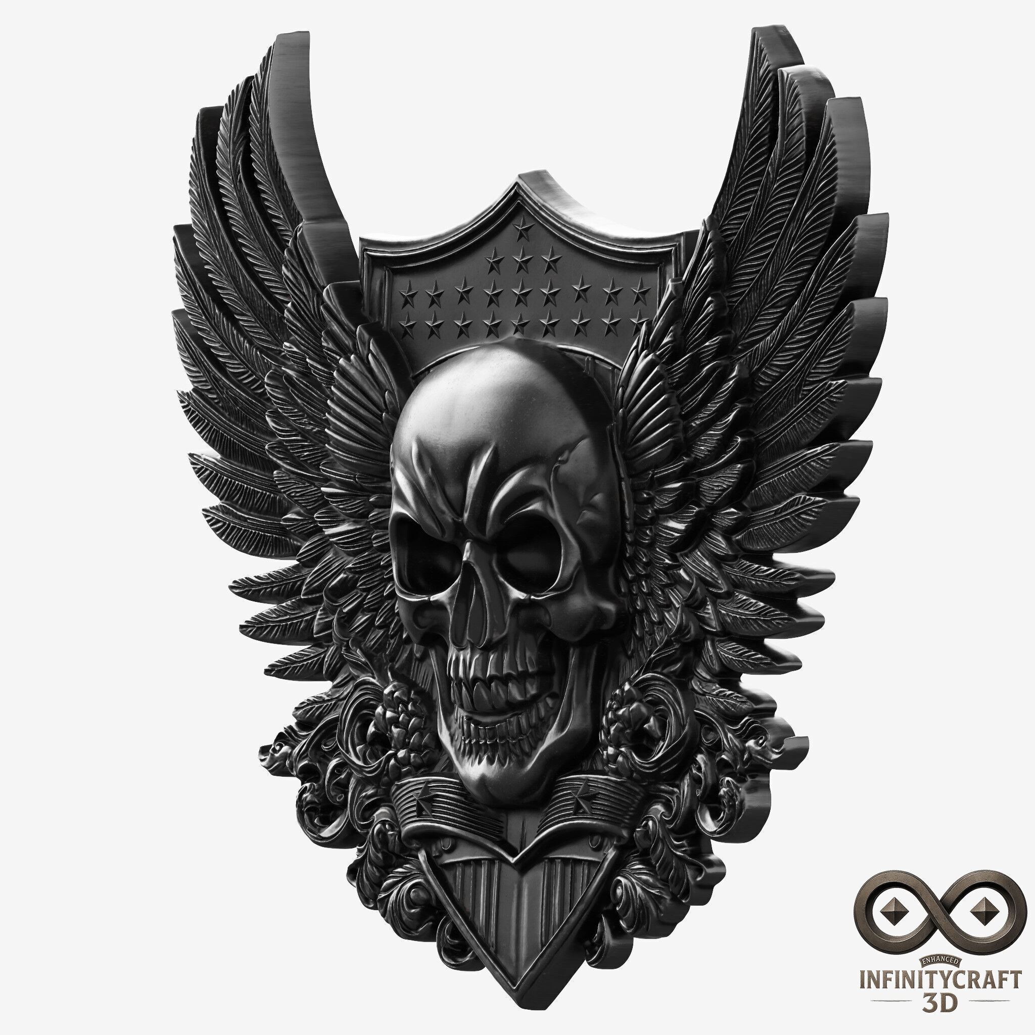 Winged Skull Emblem Epic Gothic Relief for CNC or 3D print model_3