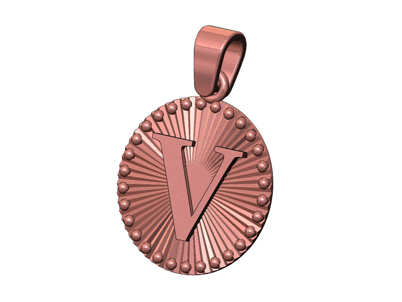 V letter initial faceted sunrays beaded coin pendant charm 3D print model_11