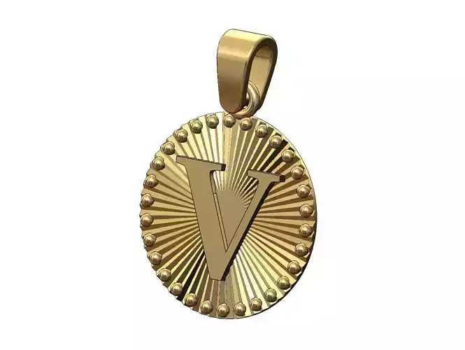 V letter initial faceted sunrays beaded coin pendant charm