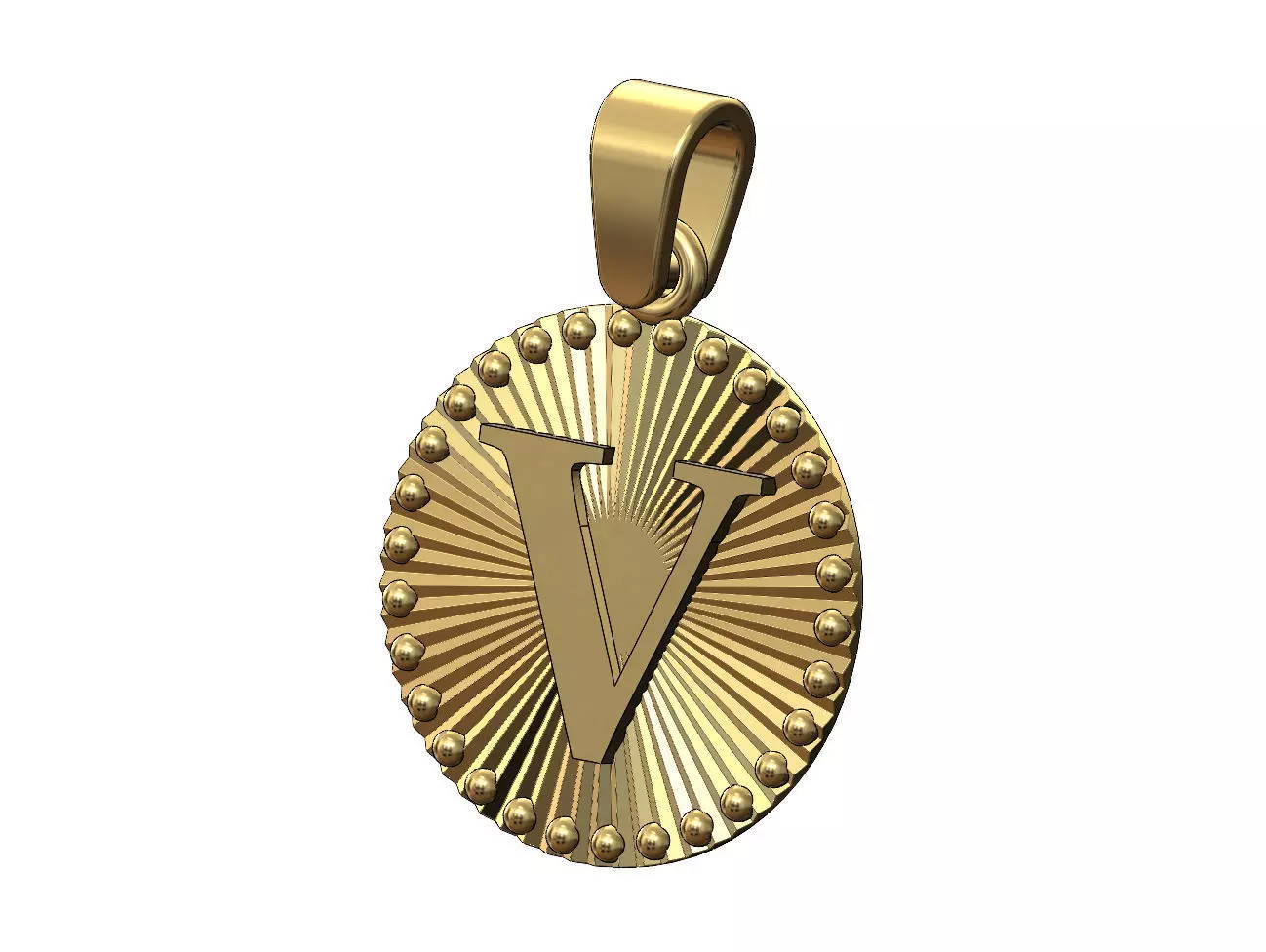 V letter initial faceted sunrays beaded coin pendant charm 3D print model_0