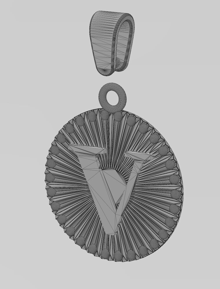 V letter initial faceted sunrays beaded coin pendant charm 3D print model_13