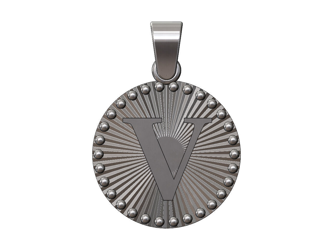 V letter initial faceted sunrays beaded coin pendant charm 3D print model_10
