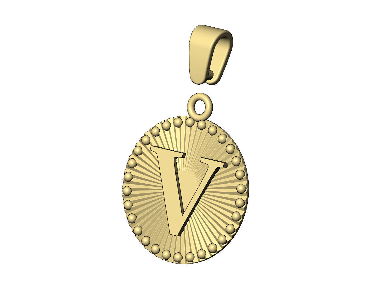 V letter initial faceted sunrays beaded coin pendant charm 3D print model_5