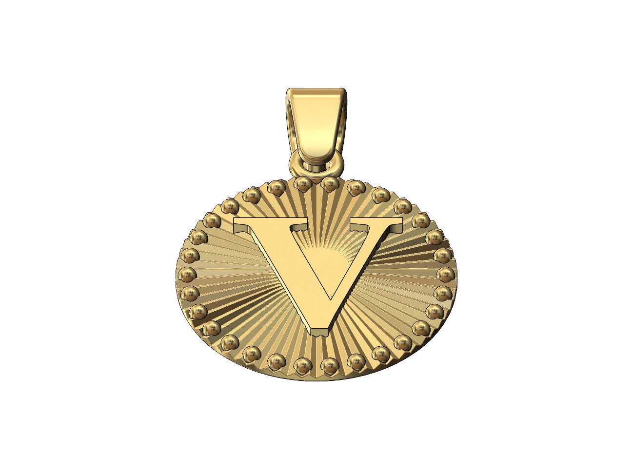 V letter initial faceted sunrays beaded coin pendant charm 3D print model_2
