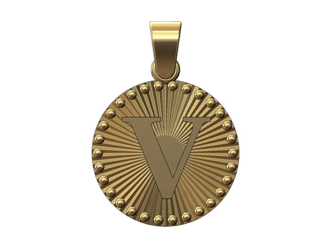 V letter initial faceted sunrays beaded coin pendant charm 3D print model_1