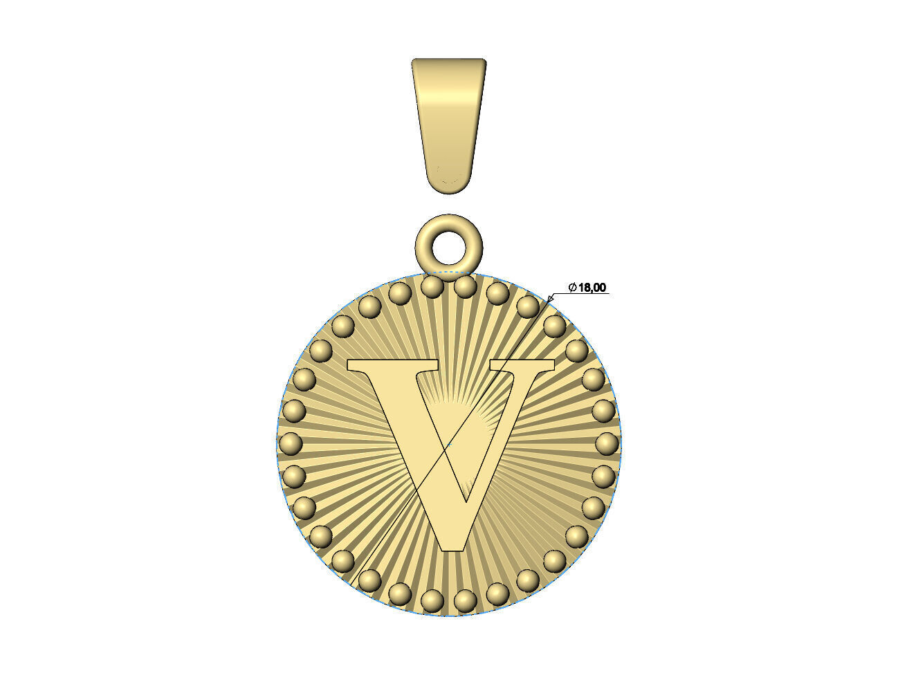 V letter initial faceted sunrays beaded coin pendant charm 3D print model_6