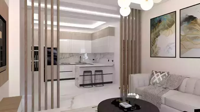  3D model  open-space living room with modern kitchen