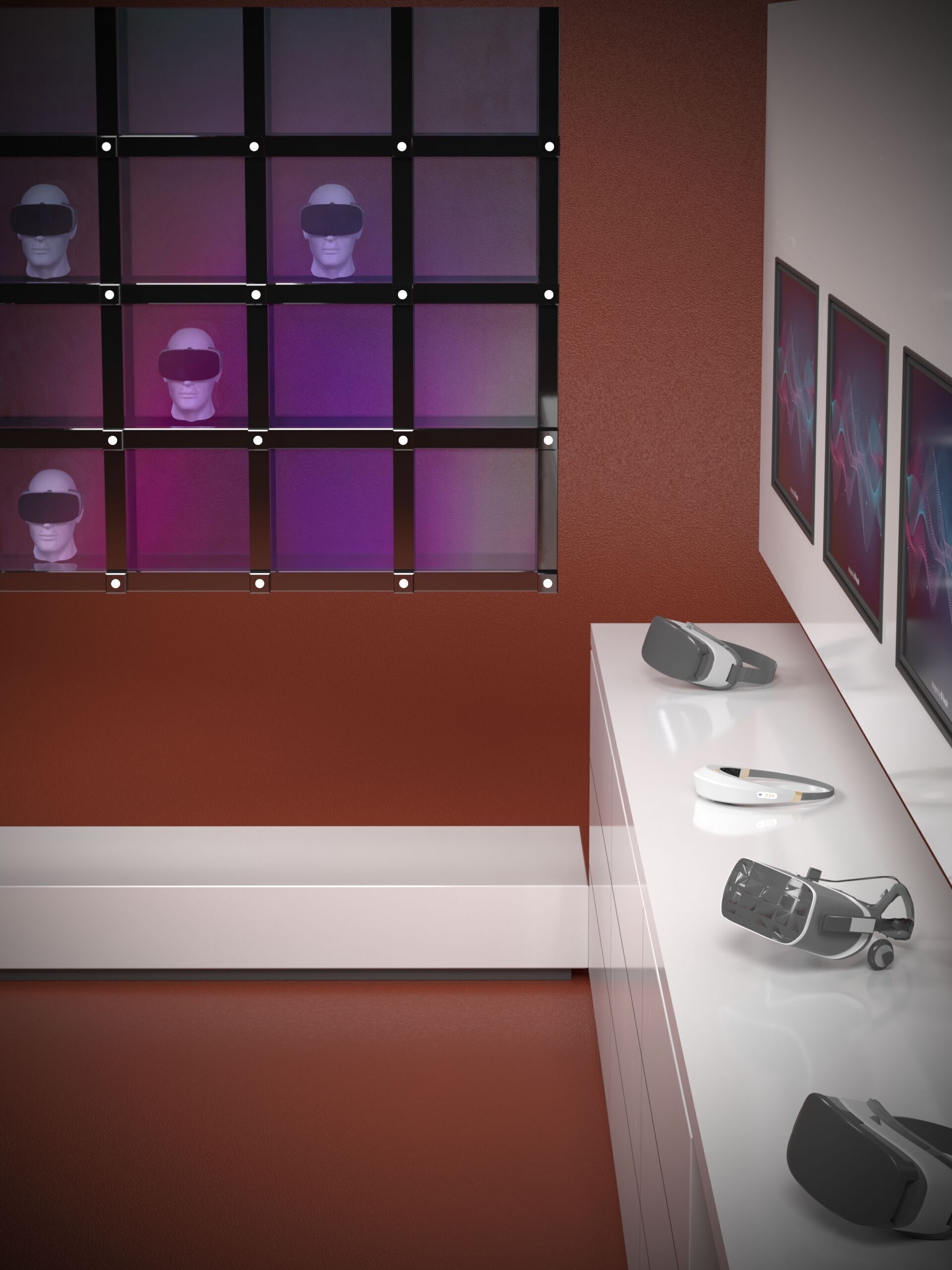 VR Headset Display Stand with Shelves and TVs 3D model_1