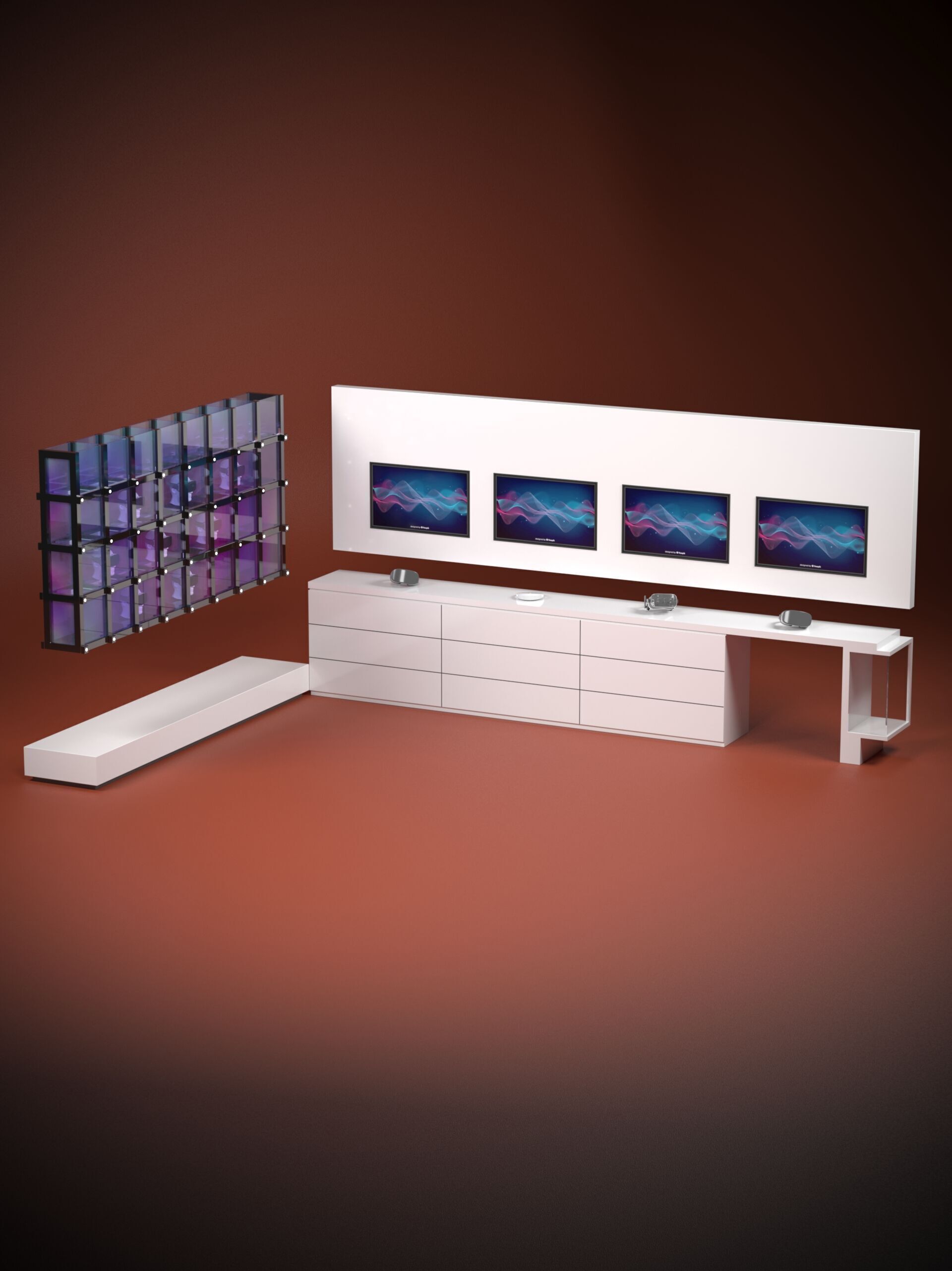 VR Headset Display Stand with Shelves and TVs 3D model_2