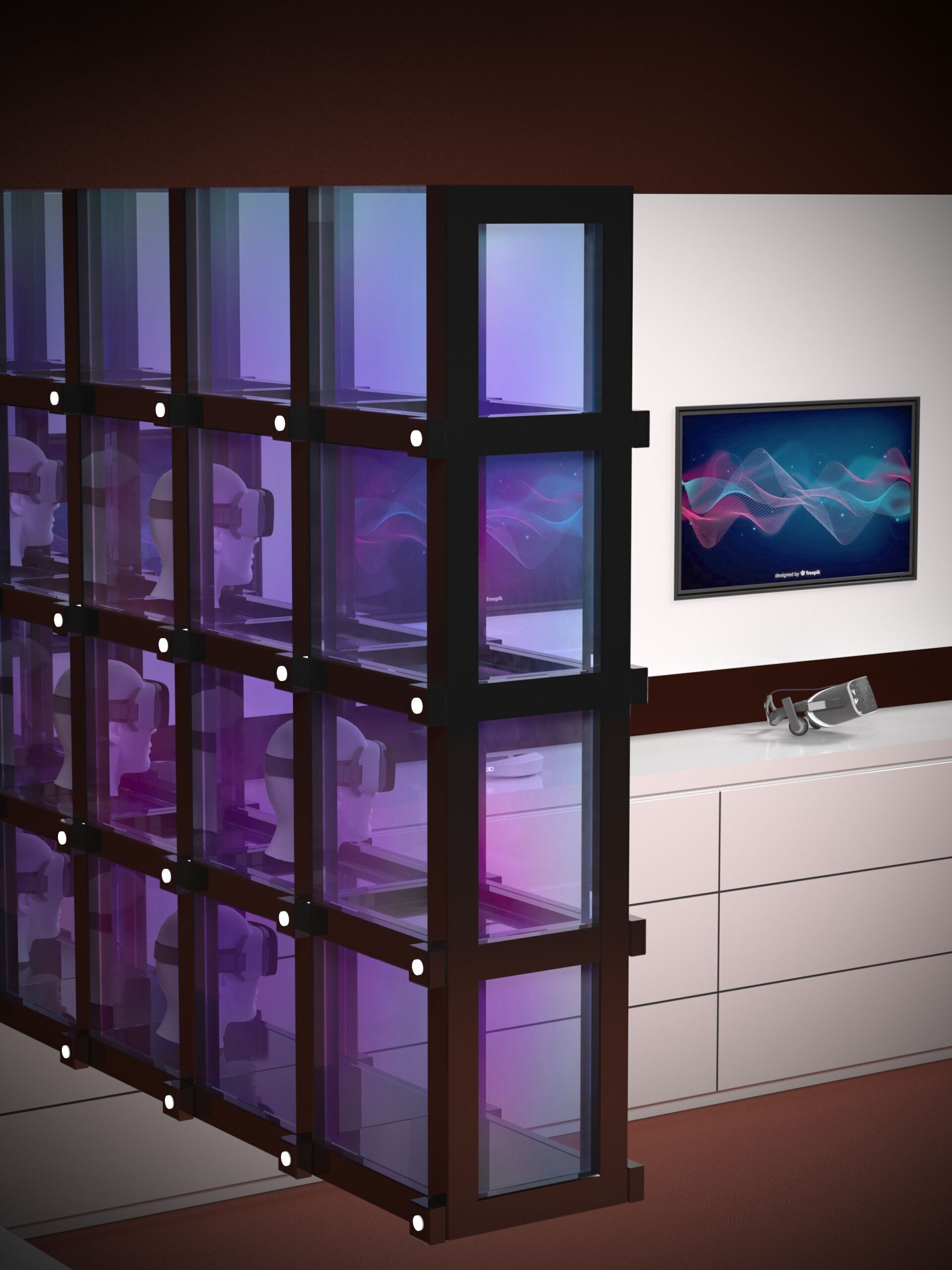 VR Headset Display Stand with Shelves and TVs 3D model_3