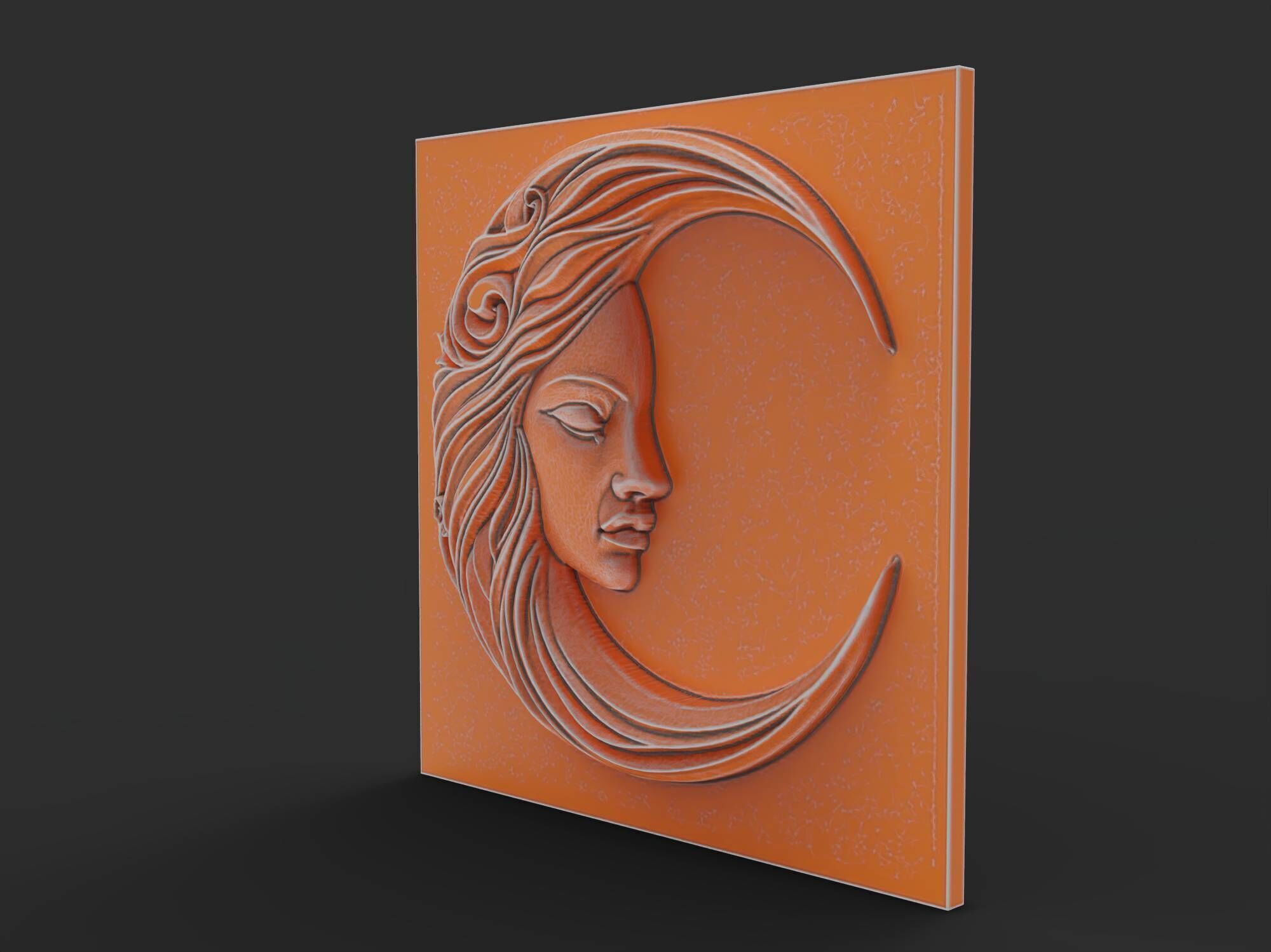 Moon Face Square Wall Art Plaque Medallion Celestial Bas Relief 3D print model_1