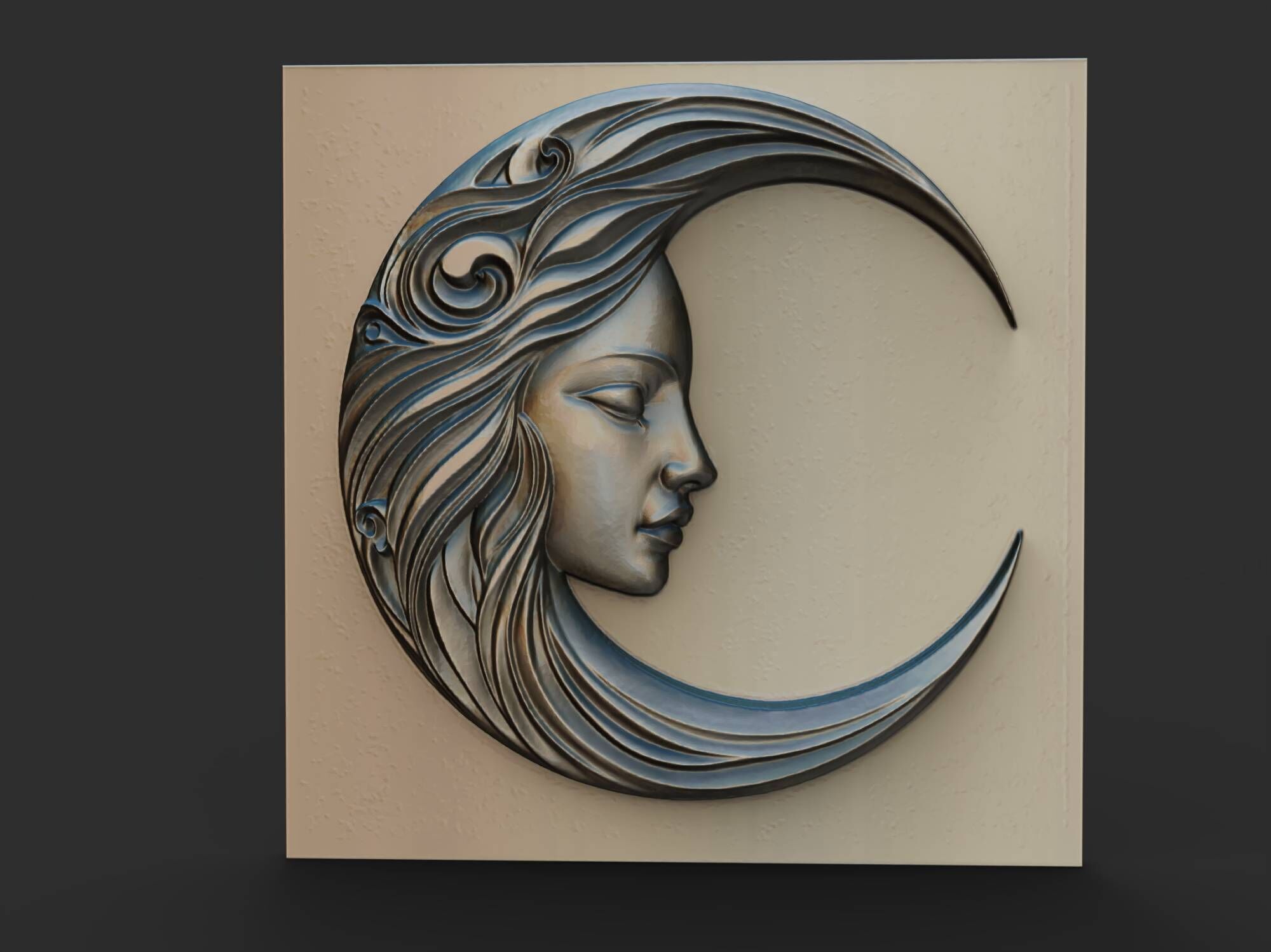 Moon Face Square Wall Art Plaque Medallion Celestial Bas Relief 3D print model_8