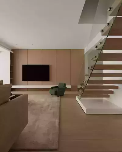 Minimalist Wooden Style Living Room Interior Scene 3D model