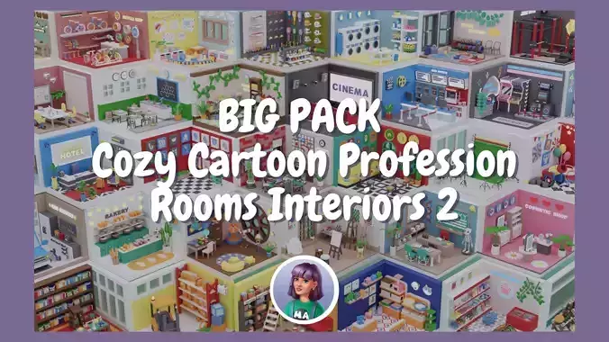 BIG PACK Cozy Cartoon Profession Rooms Interiors 2 Low-poly 3D model