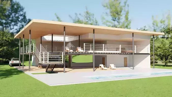 Modern Open House in Forest 3D Scene