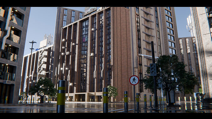 Modern City Street Model - Realistic Street and Rainy Scene 3D model 3