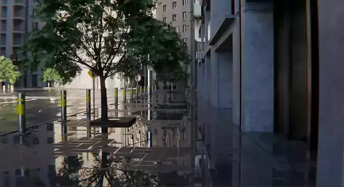 Modern City Street Model - Realistic Street and Rainy Scene 3D model