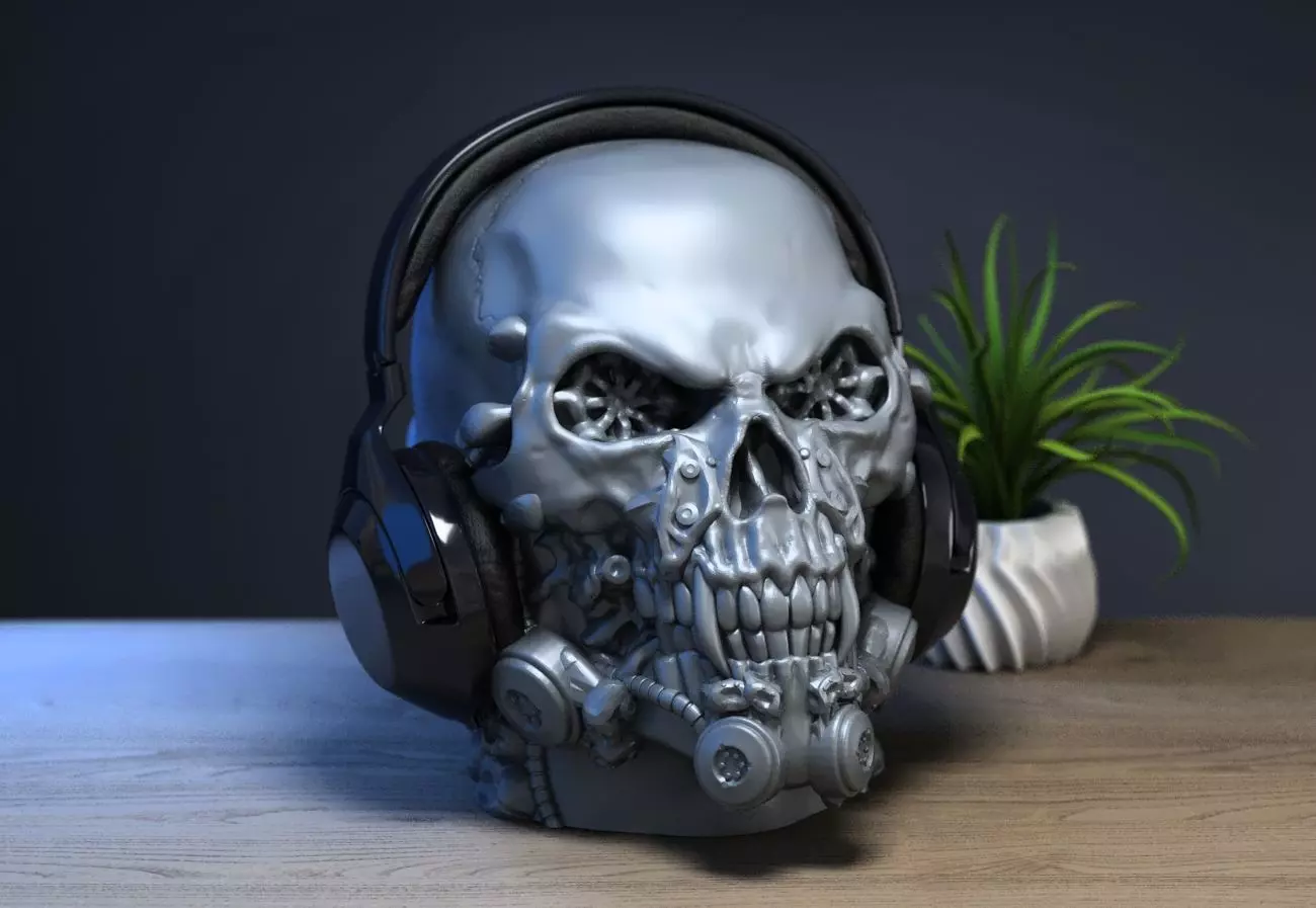 Robot Skull Headphone Stand Cyborg Headset Stand 3D print model_0