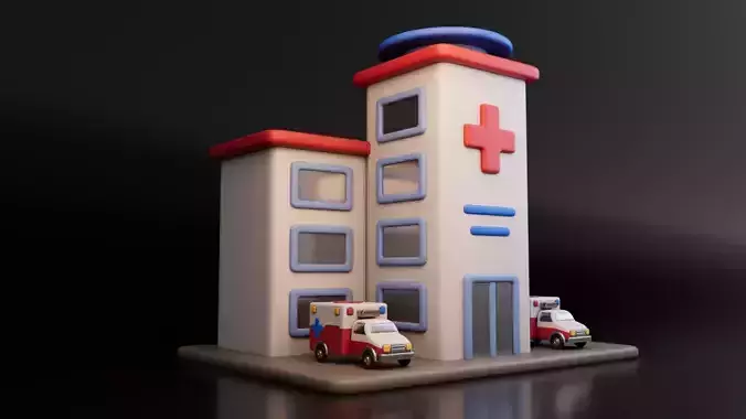 Low Poly Hospital Building and Ambulance