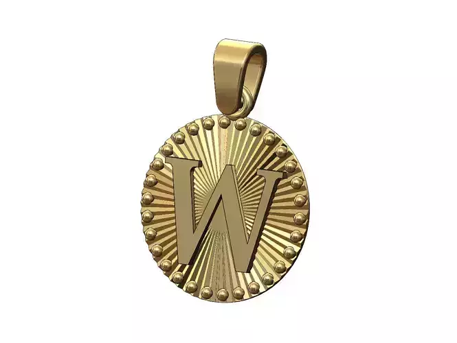 W letter initial faceted sunrays beaded coin pendant charm