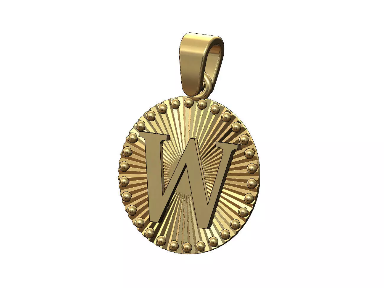 W letter initial faceted sunrays beaded coin pendant charm 3D print model_0
