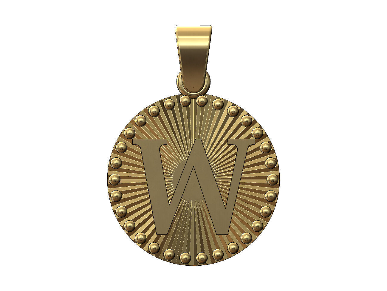 W letter initial faceted sunrays beaded coin pendant charm 3D print model_1