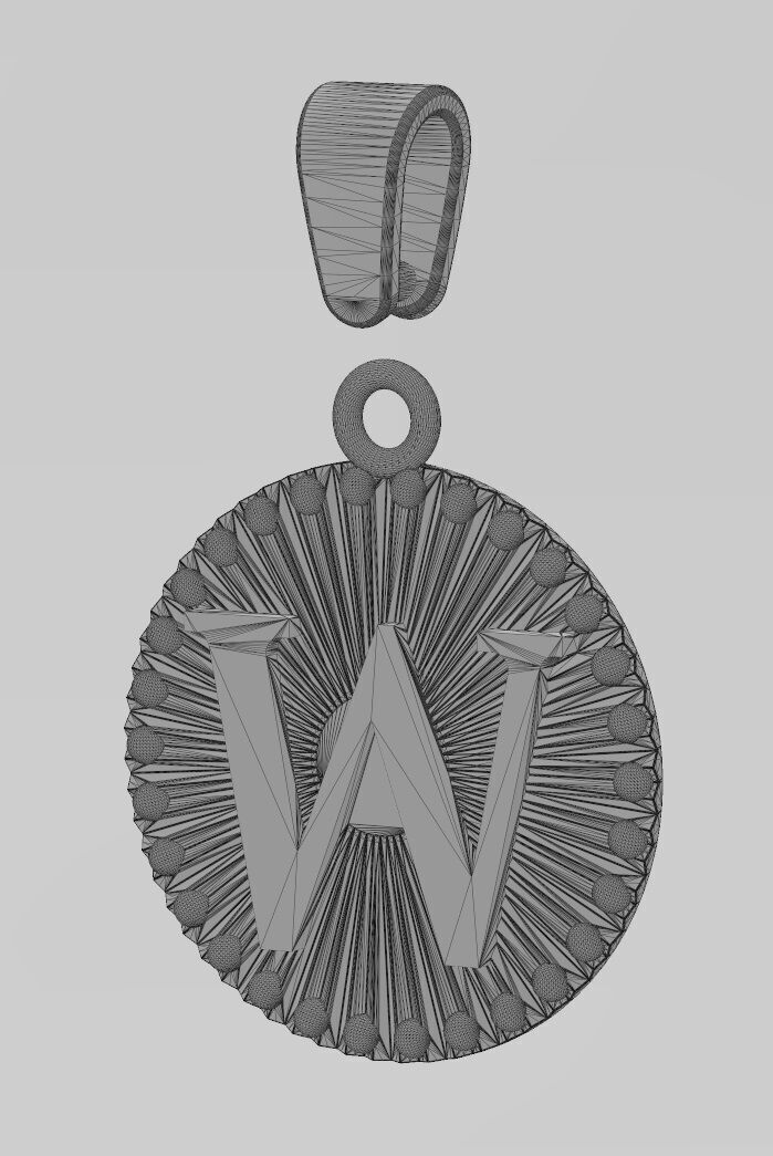 W letter initial faceted sunrays beaded coin pendant charm 3D print model_13