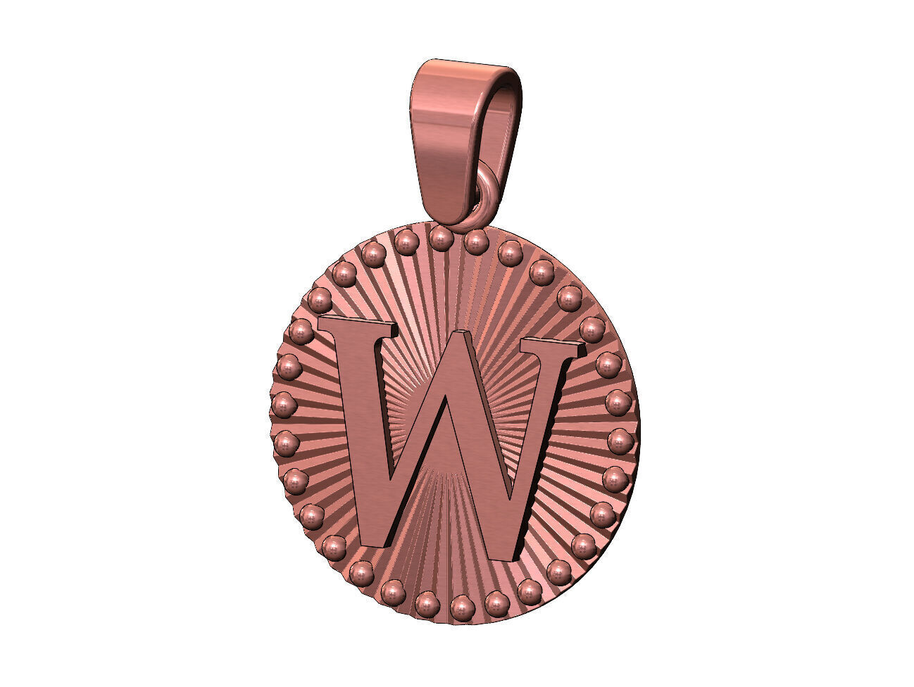 W letter initial faceted sunrays beaded coin pendant charm 3D print model_11