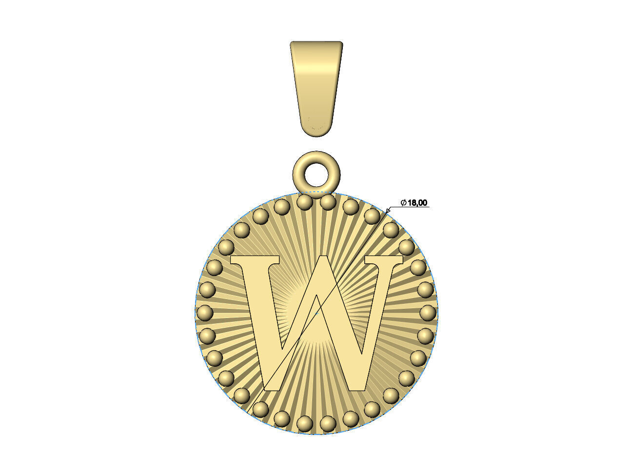 W letter initial faceted sunrays beaded coin pendant charm 3D print model_6