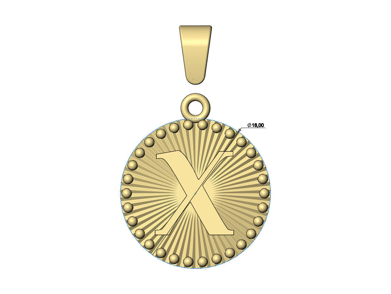 X letter initial faceted sunrays beaded coin pendant charm 3D print model_6
