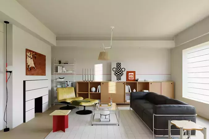 Cream Style Mixed Vintage Living Room Interior Scene 3D model