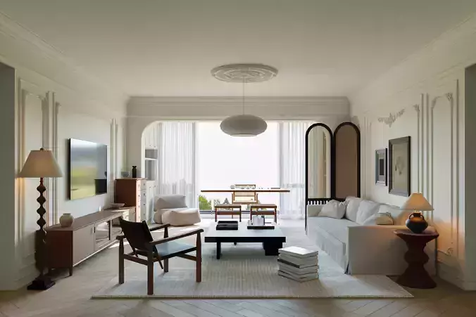 Cream Vintage Living Room 3D Interior Scene 3D model
