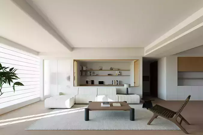 Modern Minimalist Wood Style Living Room 3D Interior Scene 3D model