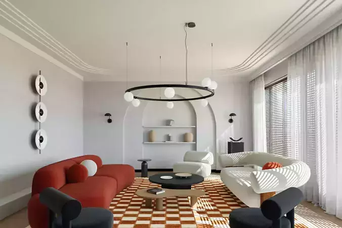 Modern Cream Style Minimalist French Living Room 3D model