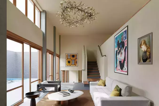Cream Style Double-Height Eclectic Villa Interior 3D model