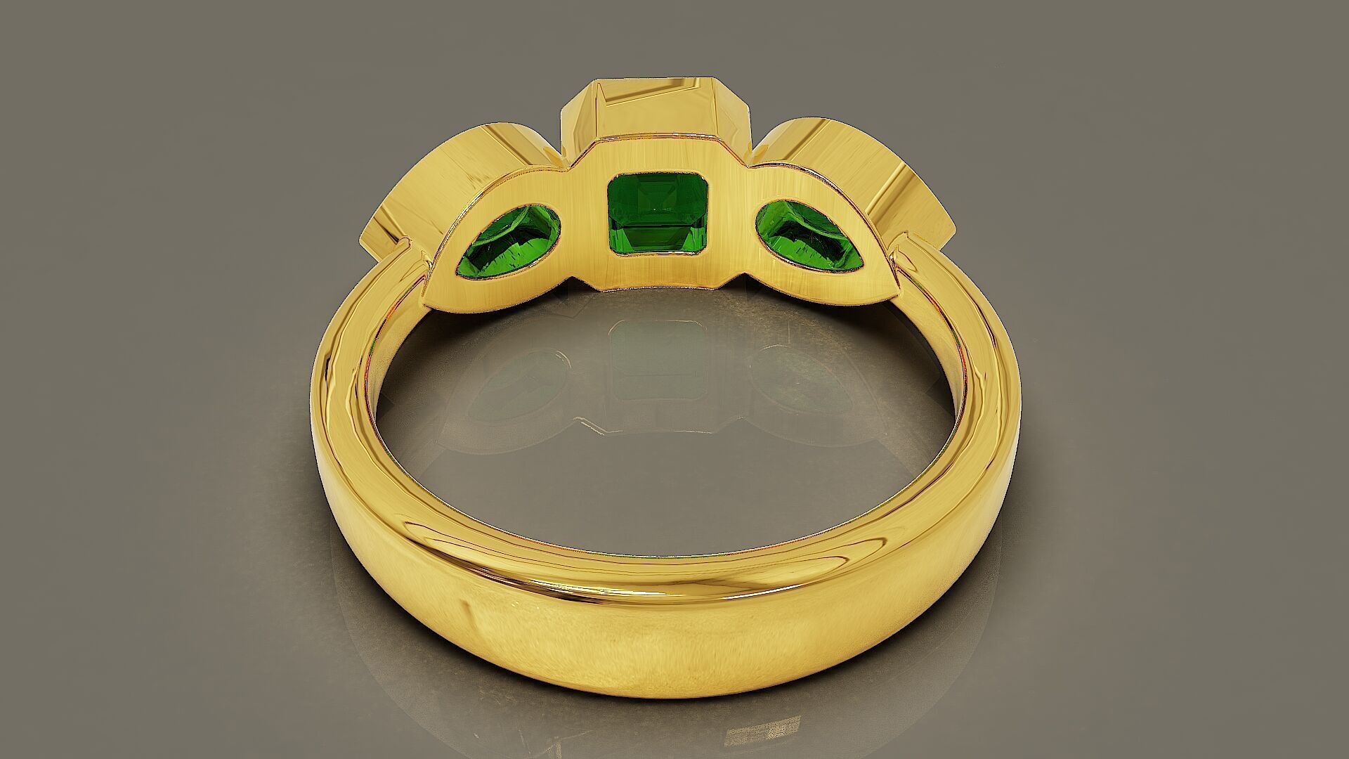 Bezel set emerald square and pear shape diamond three stone ring 3D print model_3