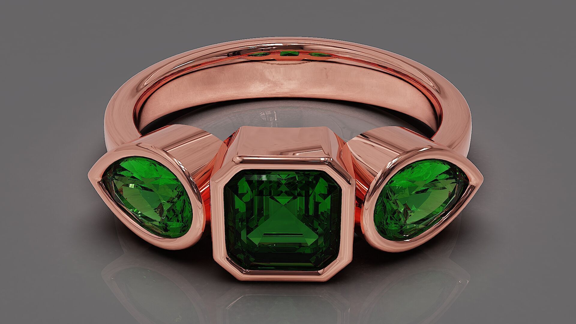 Bezel set emerald square and pear shape diamond three stone ring 3D print model_5